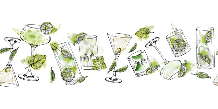 Seamless border of mojito, martini, daiquiri and margarita glasses, lime and mint garnish, vodka tequila lemonade in watercolor and ink. Hand drawn for bar design, web headers, and recipe layouts.