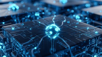 Abstract Neural Network Core Processing Data with Glowing Blue Circuits