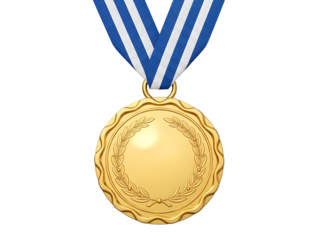Golden medal with blue ribbon isolated on transparent background