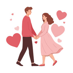 A young romantic couple holding hands and looking at each other surrounded by floating hearts.