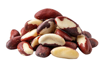 Pile of Brazil nuts, mottled brown and cream, against a black background