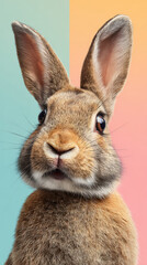 Fototapeta premium cute bunny looking confused, tilted head, pastel background, vertical frame