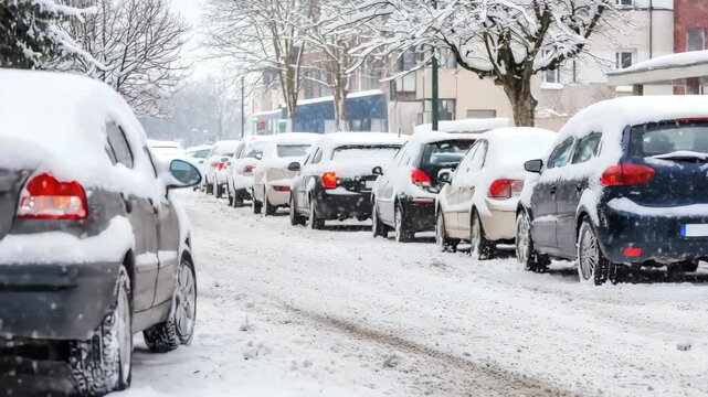 Cars are stuck in heavy snowfall as a traffic jam builds on the city street, highlighting winter's impact on driving