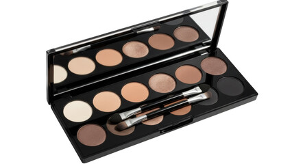 Open makeup palette with neutral eyeshadows and brushes