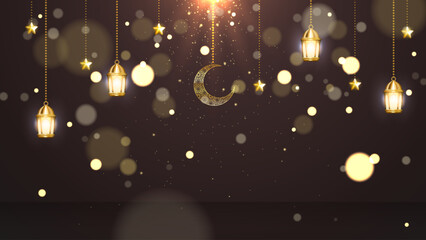 Luxury Ramadan Kareem background. 3D Islamic celebration greeting card banner with crescent, golden lantern, glitter particles, and festive decorations
