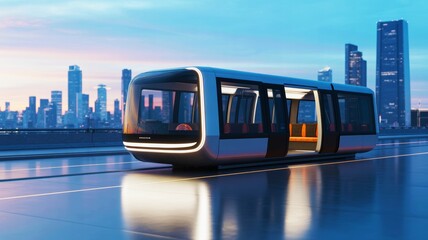 A futuristic transportation vehicle is showcased against a vibrant city skyline, reflecting modern design and technology at dusk.