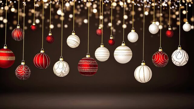 Enjoy the beauty of holiday decorations as vibrant red and white ornaments dangle gracefully from glowing strings of lights
