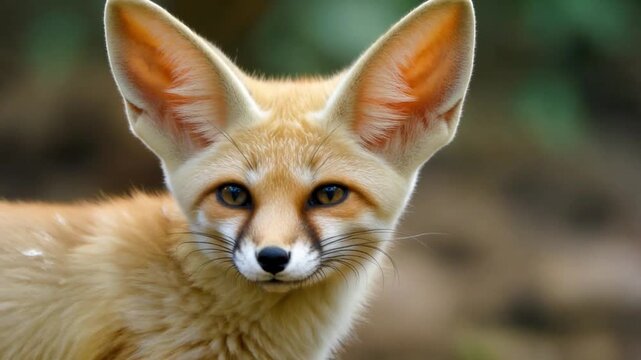 Cinematic macro shot of a wild fennec fox, capturing detailed fur texture, large ears, and charming expression in a desert habitat, AI generated.