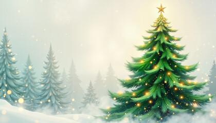 winter landscape with decorated evergreen Christmas tree surrounded by soft snow and pine trees capturing holiday spirit and seasonal celebration, with copy space