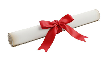 Rolled white paper scroll tied with a red satin ribbon