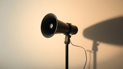 amplifier. Vintage megaphone on minimalist background with dramatic shadows, representing communication concepts. event programs.