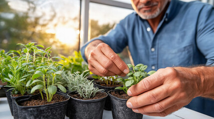 Hands tending small herb plants in pots, home gardening for fresh ingredients by a sunny window