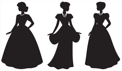 Black silhouette vector set of elegant ladies in formal gowns and ball dresses on white background