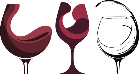 Dynamic vector illustrations of wine glasses featuring abstract liquid swirls and elegant splashes, ideal for beverage branding, event invitations, and sophisticated designs