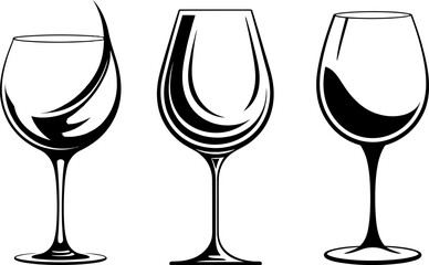 Elegant Vector Illustration Set Featuring Three Distinct Stylized Wine Glasses, Perfect for Beverage-Related Designs, Menus, or Sophisticated Drink Concepts