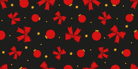 Christmas Wrapping Paper template design. Vector coquette seamless pattern from red bow Christmas ball stars on black background. Perfect Xmas Wrap paper. EPS 10
