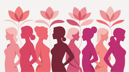 Diverse women profiles in pink and red tones stand together under stylized large flowers with stems