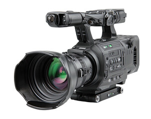 Professional black video camera with lens and controls on black bg