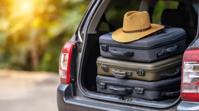 Car boot packed with luggage and sun hat, ready for summer vacation journey, travel concept