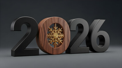 Dark wooden 2026 numerals paired with a golden snowflake on a grey backdrop, banner New Year and Christmas calendar concept with ample copy space.