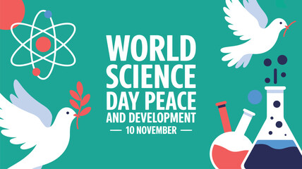 Doves of peace, scientific beakers, and an atom symbol celebrate World Science Day