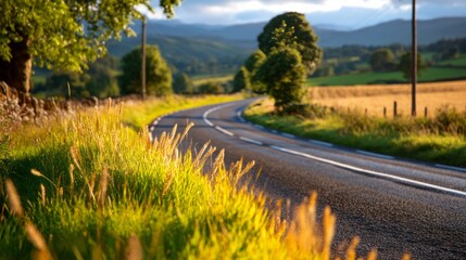 Fototapeta premium Scenic French Countryside Road Surrounded by Open Fields and Distant Trees