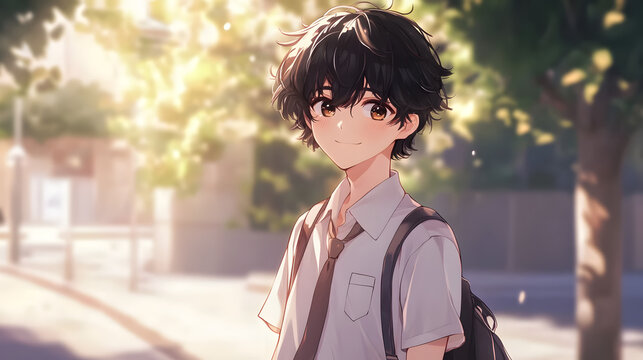 A Sweet Anime Boy Portrait, Wearing School Uniform Looking at Camera Softly