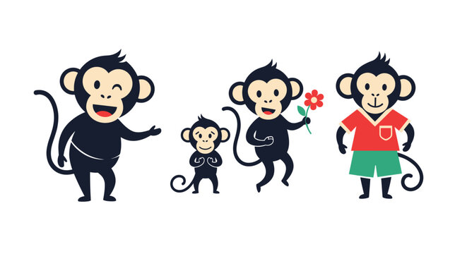 Set of four cute monkey characters in various poses including one holding a flower and another wearing a red shirt and green shorts.