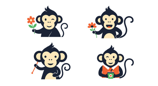 Collection of four cute monkey characters in various activities like holding flowers, winking, and drinking from a cup for children themes.