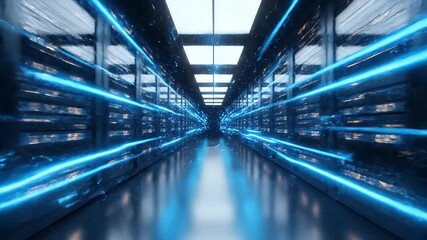 Digital information flows through the network and data servers behind glass panels in the server room of a data center or Internet service provider
- Powered by Adobe