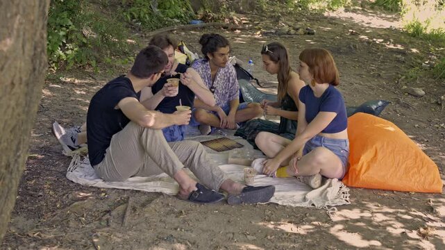 A diverse group of young friends shares a casual outdoor picnic under the trees, enjoying drinks, food, and a game of backgammon, fostering friendship and good times together.