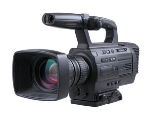 Professional black broadcast camera with lens hood isolated on black