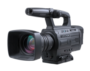 Professional black broadcast camera with lens hood isolated on black