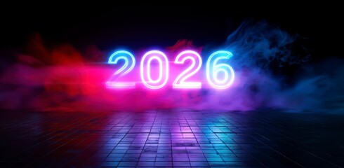 Vivid Future: Neon Year 2026 illuminated by vibrant neon lights, symbolizing a bold vision, promise, and technological evolution. 
