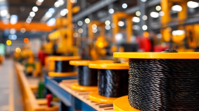 Industrial Cable Manufacturing Plant with Spools in a Modern Workshop Environment