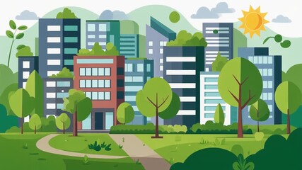Sustainable cityscape with modern buildings and lush greenery in a serene environment viewed from a park