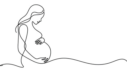  Minimal pregnant woman line art illustration isolated on white background, continuous line maternity and motherhood concept symbol for pregnancy care, family, health and design use