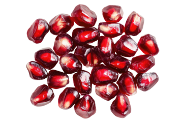 Pomegranate arils cluster, red, juicy, translucent, isolated on black