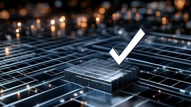 The video shows a close-up view of a 3D digital circuit with a check mark symbol, highlighting technology and innovation