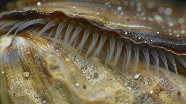 Macro view clam shell edge with teeth-like structures, sand-like texture, for biology, science projects