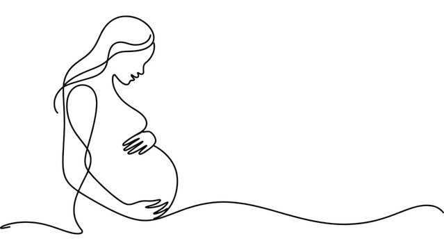  Minimal pregnant woman line art illustration isolated on white background, continuous line maternity and motherhood concept symbol for pregnancy care, family, health and design use