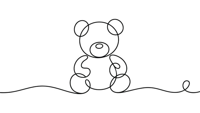  Minimal teddy bear line art illustration isolated on white background, simple continuous line cute toy character symbol for kids, nursery, childhood, logo and design use