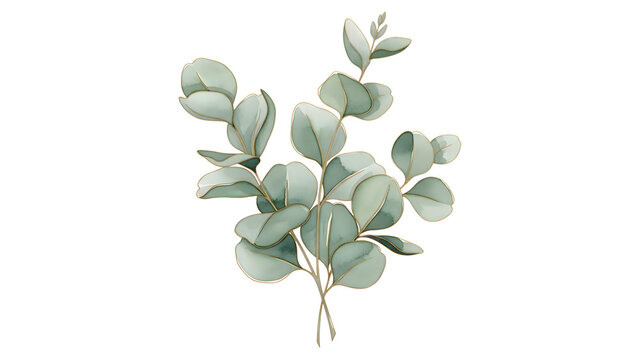 Elegant watercolor illustration of eucalyptus branches with golden accents, offering a serene botanical design element