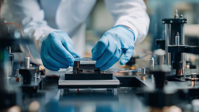 Focused medium shot of a scientist adjusting doping parameters on lightweight metal composites aiming to reduce weight while maintaining structural integrity.