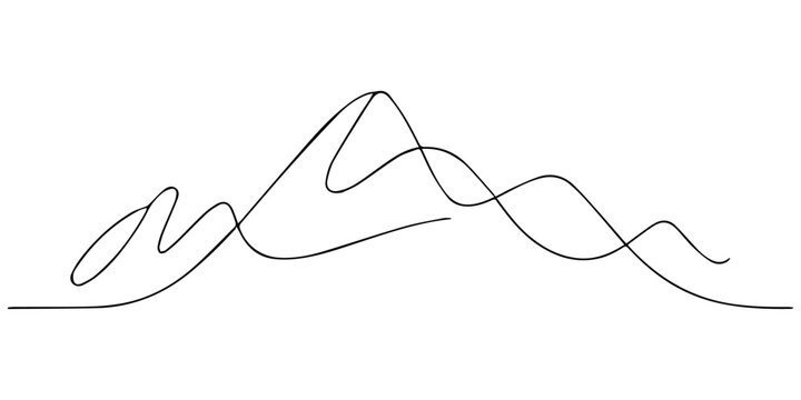 Black mountains in one line art style. Mountains drawing with editable black stroke on white background. Vector illustration, One continuous line drawing of mountain silhouette range landscape minimal