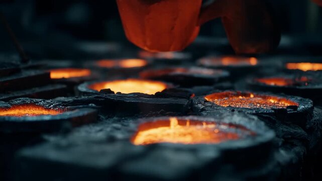 Closeup medium shot of molten metal being poured into molds in an energyefficient foundry dedicated to sustainable metal reuse.