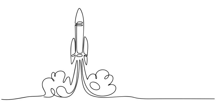 Rocket launch icon in one continuous line minimalist style isolated on white background, Continuous single line rocket drawing Spacecraft Launch, Startup, Innovation, Rocket space ship launch into.