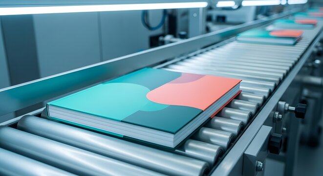 Newly printed books moving along an automated conveyor belt in a modern factory setting for publishing production concept and efficient distribution