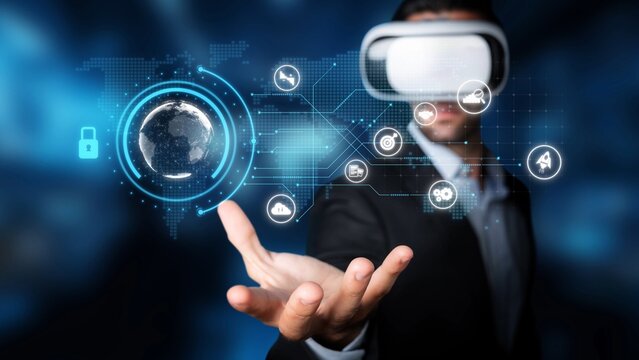 A businessman wearing a virtual reality headset interacts with a digital world map and technology icons, showcasing innovation and connectivity in today business landscape. Raster - Powered by Adobe