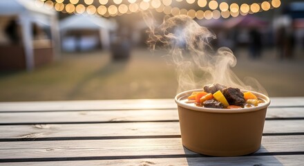 Warm steaming beef stew with vegetables in a takeaway container on a rustic wooden table at a festive outdoor fair for a casual dining concept